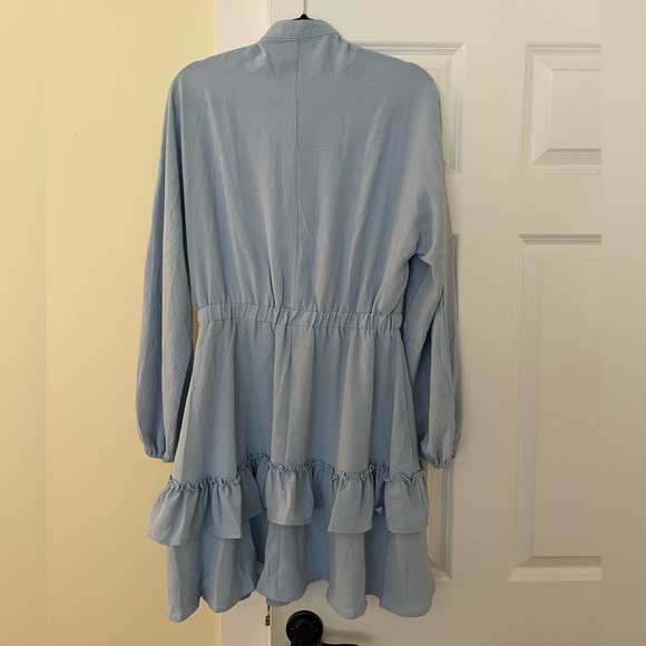 Women’s Layer Ruffle Botton Front V Neck Elastic Waist Long Sleeve Mini Dress - Picture 3 of 4